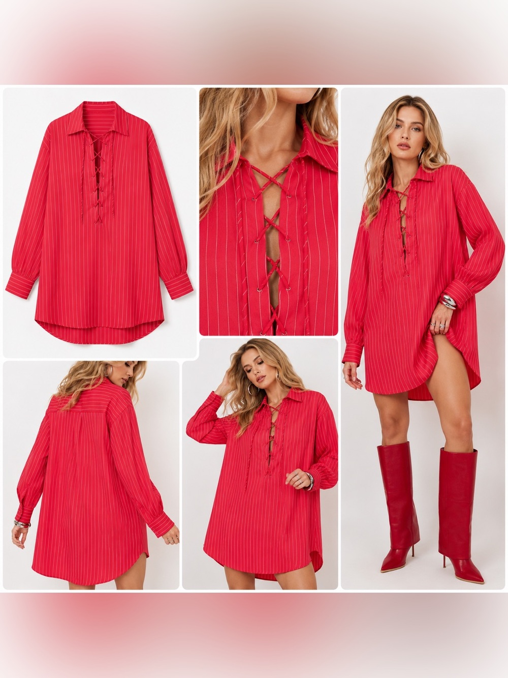 SOLID & STRIPE Red Pinstripe Lace-Up Oversized Shirt Dress Size XS (NORDSTROM)